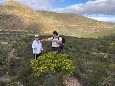 Passionate guiding on Day 4 of the Green Mountain trail, with the old Houw Hoek railway line in the background.