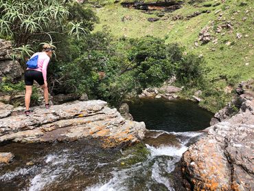 The ‘kloofing’ scramble up to Swallowtail falls is just under 2km one way, but takes a good few hours there and back, with so many pools that just can’t go unswum.