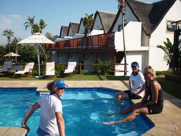 The sparkling blue pool at Crawfords Beach Lodge provides just the medicine for weary limbs